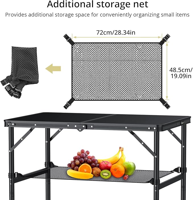 Anbte 3ft Camping Table Foldable with Storage Net 3 Heights Max 29.5 Aluminum Camping Table with Portable Handle Lightweight for Travel Outdoor Beach Picnic Patio Indoor 36 x 24 Pure Black