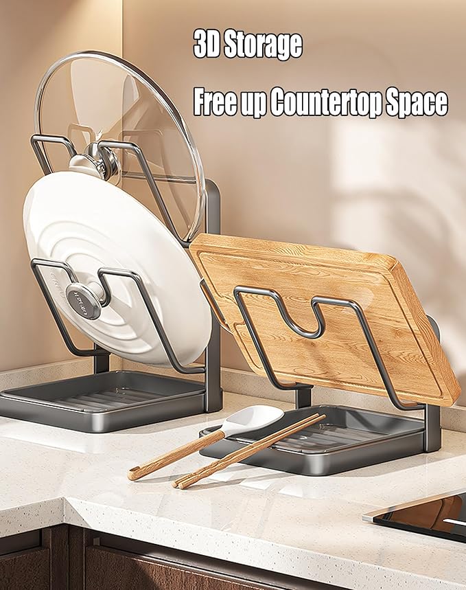 Kitchen Pot Lid Storage Rack with Drip Tray - Lid Holder Organizer While Cooking with U-Shaped Racks for Countertop - Prevent the Pot Lid from Slipping and Oil from Splattering