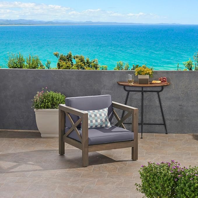 Mid-Century Modern Outdoor Club Chair with Acacia Wood Frame and Water-Resistant Cushions for Patio Garden Backyard Seating (Gray)