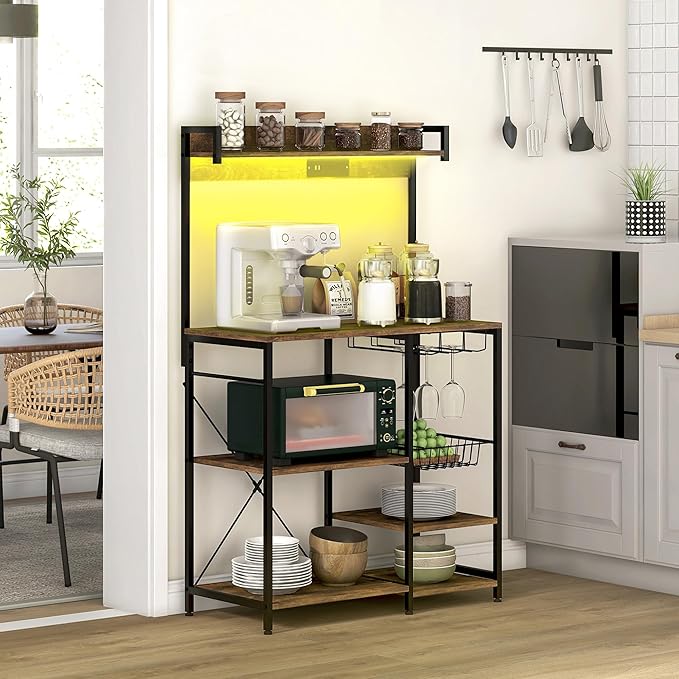 Rack with Power Outlet and LED Lights Bakers Racks for Kitchens with Storage Industrial Microwave Stand with Glass Holders Metal Basket Multiple Shelves Rustic Brown