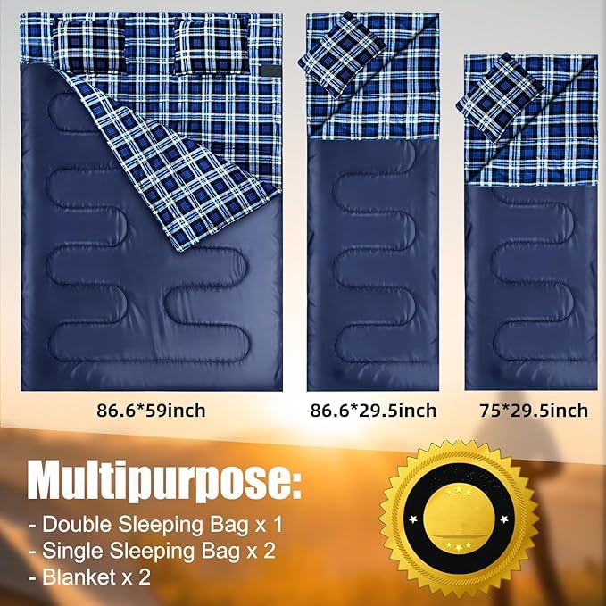 Double Sleeping Bag Flannel for Adults Kids Queen Size for 2 Person with 2 Pillows Warm &amp Cold Weather Sleeping Bag for Camping Hiking Waterproof Lightweight with Compression Sack