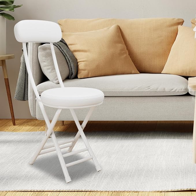 Folded Camping Chair Padded Folding Stool Compact Easy to Carry with Back Rest Metal Frame for Dining Room Shop Indoor Garage White