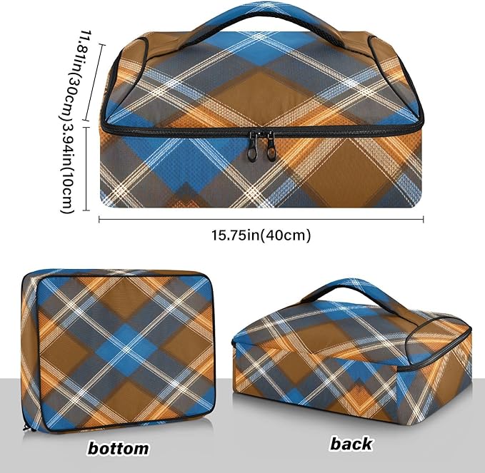 Casserole Carrier Blue Brown Tartan Pattern Insulated Casserole Carrier for Hot or Cold Food Thermal Lunch Tote for Parties Picnic Travel Carry Bag