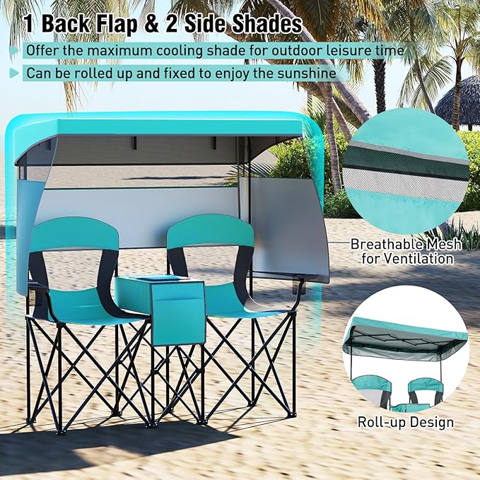 S AFSTAR Camping Chair with Canopy 2-Person Folding Beach Chair with Cup Holders 3-Side Shading Curtains &amp Cooler Bag Foldable Loveseat Lawn Chair for Camping Outdoor &amp Fishing (Turquoise)