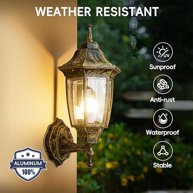 EMART Outdoor Front Porch Light Exterior Anti-Corrosion Waterproof Aluminum &amp Glass Shades Wall Lamp Fixture Modern Sconce Lantern for Outside House Garage - 2 Pack Gold （Bulb Included）