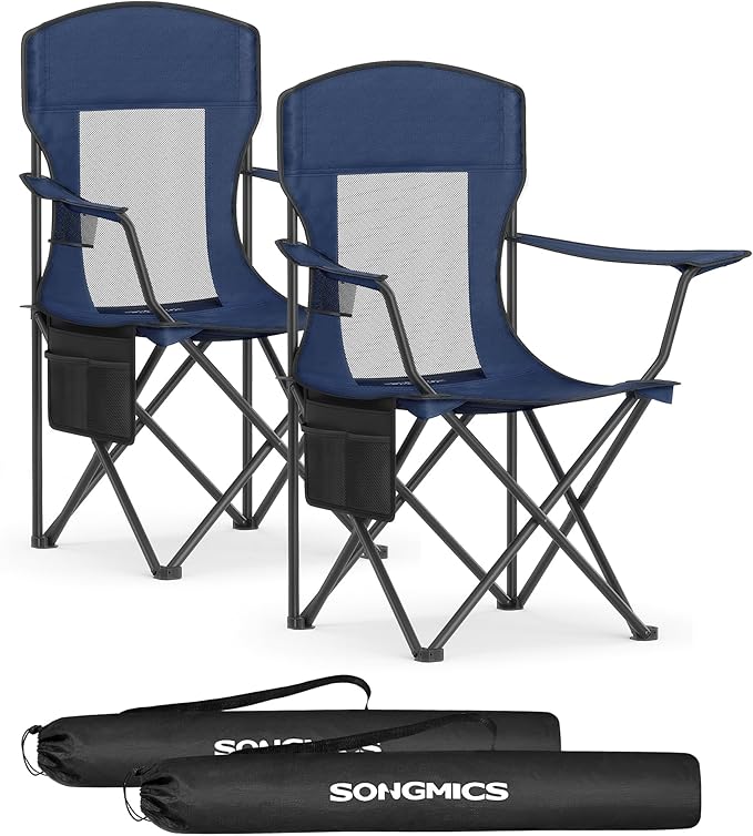 SONGMICS Breathable Camping Chairs Foldable Outdoor Chairs Set of 2 High Back Adjustable Armrests Drink Holder Weight Capacity 330 lb for Sports Garden Backyard Harbor Blue UGCB028Q01