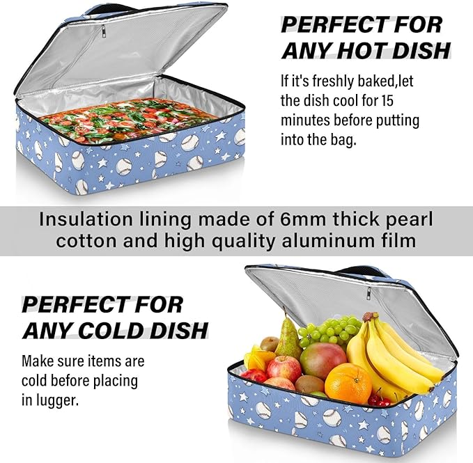 Casserole Carrier Print Baseball PatternInsulated Casserole Carrier for Hot or Cold Food Thermal Lunch Tote for Potluck Parties Picnic Beach Fits 9 x 13 Inches Baking Dish