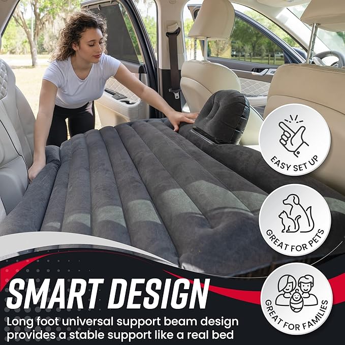 VaygWay Inflatable Car Air Mattress – Air Bed w/Pump Kit –Back Seat – Camping Vacation Blow up Bed Cushion - Sleeping Pad w/ 2 Pillows (Inflatable Car Mattress Neck Pillow Ear Plugs Eye Shields)