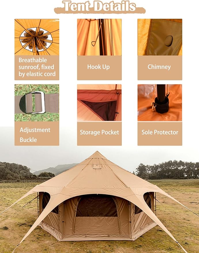 Thcbme 5M Cotton Canvas Bell Tent - Yurts with Stove Jack Windproof Breathable Shade Family Camping Travel Group Activities 4 Season Polyester (6-10People) Khaki 16.4ft (MXT16.4ft-KQ)