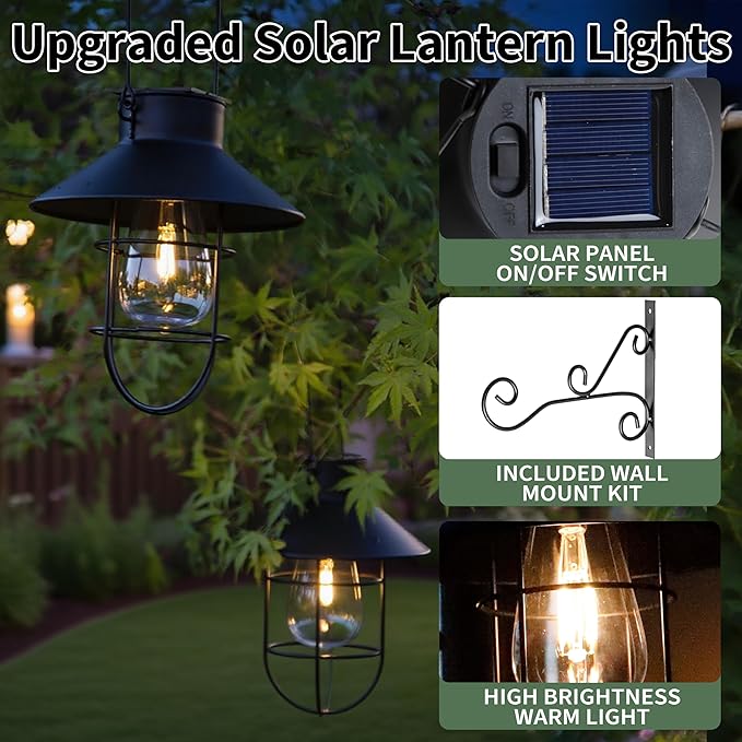 2 Pack Solar Lantern Hanging Waterproof Outdoor Metal Solar Lamp with Wall Hooks Warm White Light Decorate for Yard Garden Pathway Patio Porch Decor (Black)