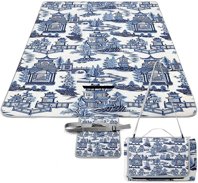 Blue and White Chinese Folk Chinoiserie Style Waterproof Outdoor Picnic Blanket Sandproof Beach Mat for Camping Hiking Grass Travelling