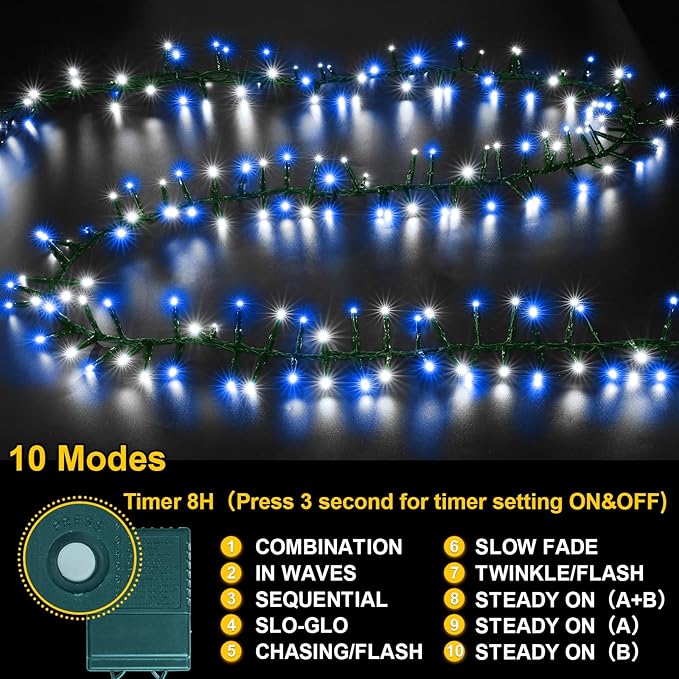 LAMPHOME 500 LED String Lights Outdoor 16 Modes Plug in Twinkle Fairy Lights for Bedroom 46ft 500LED Christmas Lights Cluster Lights Outdoor Waterproof -White&ampBlue