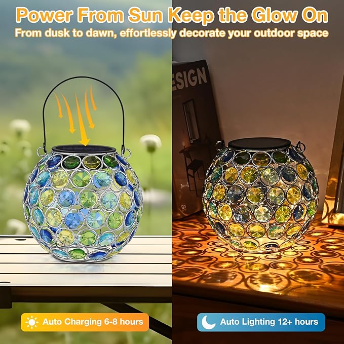 Uspring 2 Pack Crystal Mosaic Solar Lanterns Outdoor Waterproof Decorative Hanging Solar Lights for Outside Gifts for Women Mom Grandma Garden Decor for Patio Backyard Porch Pathway Walkway Blue