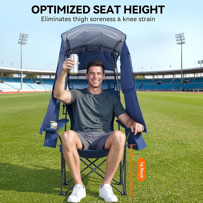 Camping Chair with Canopy Shade - Folding Beach Chair with UPF 50+ Sun Shade Cup Holder Side Pocket Portable Sports Chair for Adults Support 330 LBS Fishing Camp Outdoor Lawn Chair - Blue