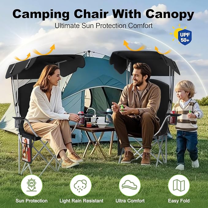 Portable Camping Chair with Canopy - Folding Chair with Canopy Durable 600D Oxford Canopy Chair for Camping Beach Picnics Fishing &amp Sports