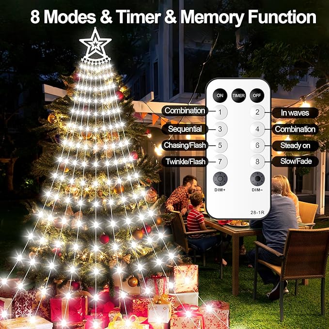 Christmas Decorations Star Lights Outdoor 11.48ft 350 LED Waterfall Tree Lights with 8 Modes Timer Remote Plug in Christmas Lights for Indoor Yard Patio Home Holiday Party Decor Pure White
