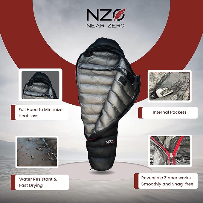 NEAR ZERO 18°F 850+ Power Down Fill Mummy Sleeping Bag for Adults | Ultralight All Season Backpacking Sleeping Bag for Hiking &amp Camping | 10D 470T Nylon Taffeta