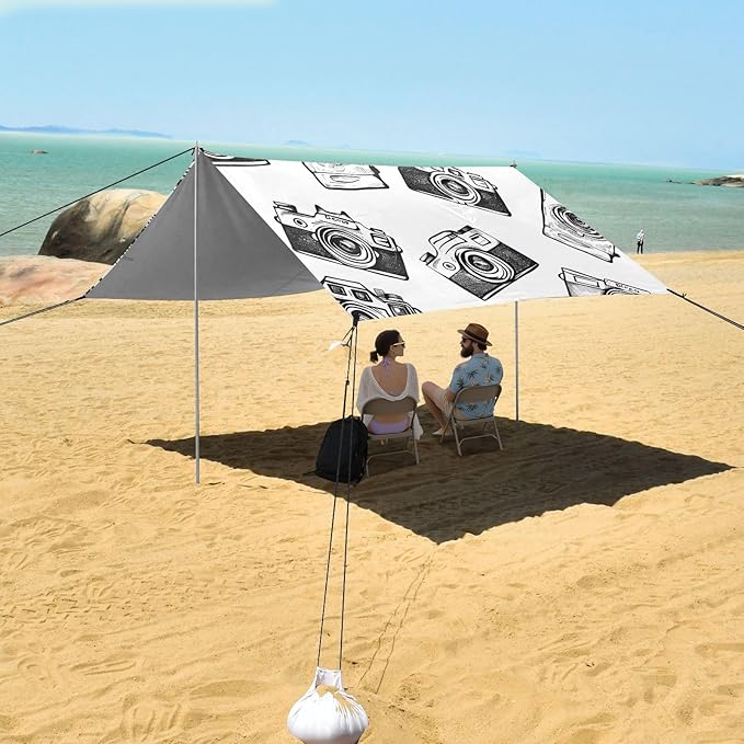 Doodle Disposable Camera Camping Sun Shelter Beach Tent Portable Beach Sun Shade Outdoor Canopy for Camping Trips Fishing Picnic