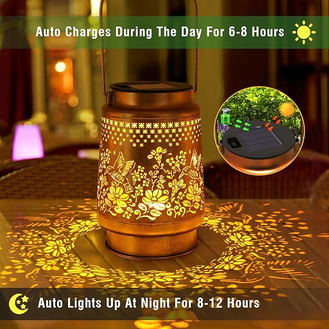 Solar Lanterns Outdoor Hummingbird Garden Decor Gifts for Women Mom Grandma Birthday Metal Hanging Solar Lights Waterproof with Shepherd Hook LED Decoration Outside for Garden Yard Patio Porch