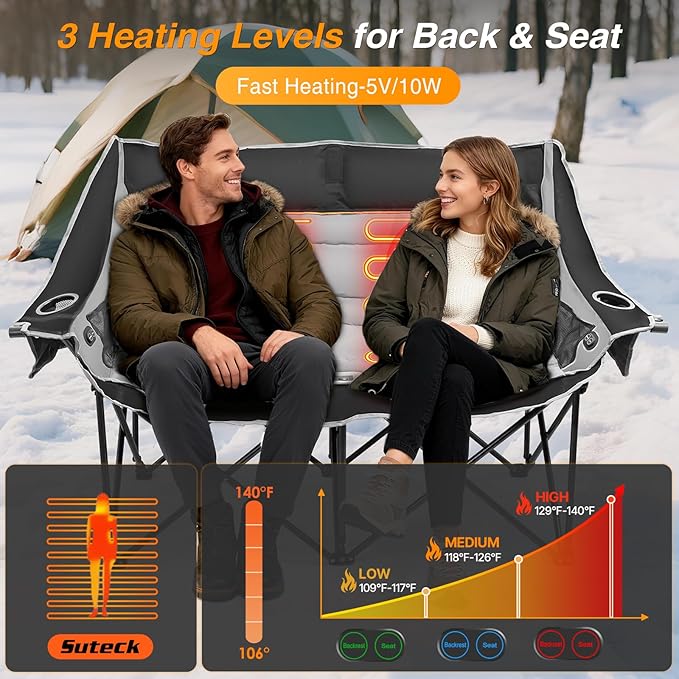 Suteck Heated Double Camping Chair Heated Loveseat Chair for Outdoor Sports W/3 Heat Levels &amp 4 Heating Zones Portable Folding Chair for Adults Use for Camping &amp Travel