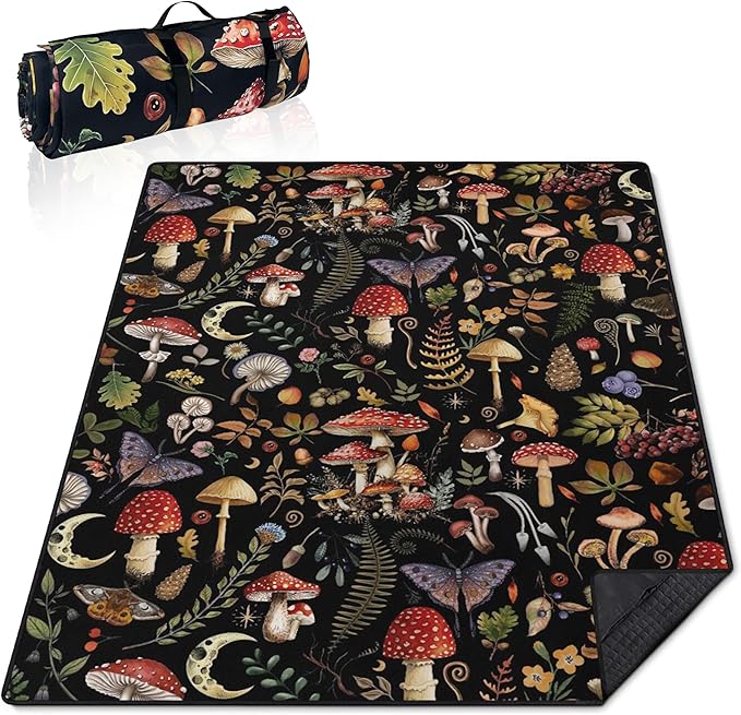 Extra Large Picnic Blankets Waterproof Foldable (60x 80) Mushroom Beach Blanket Waterproof Sandproof3-Layer Thicking Mat Outdoor Packable Camping Blanket