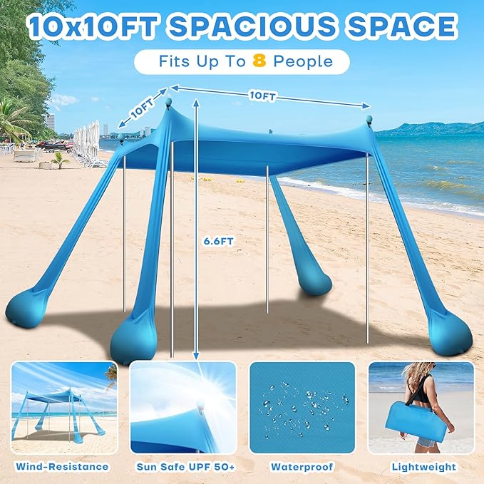 Beach Tent Canopy UPF50+ Protection 10x10FT Beach Shade Sun Shelter Pop Up with 4 Stability Poles Sandbags Sand Shovels Ground Pegs Carrying Bag for Outdoor Family Camping Fishing Picnics