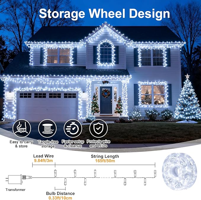 LED String Lights 165FT 500LED 30V Plug in Waterproof String Lights with 8 Modes for Indoor and Outdoor Party Wedding Home Patio Lawn Garden Supplies (Cool White)