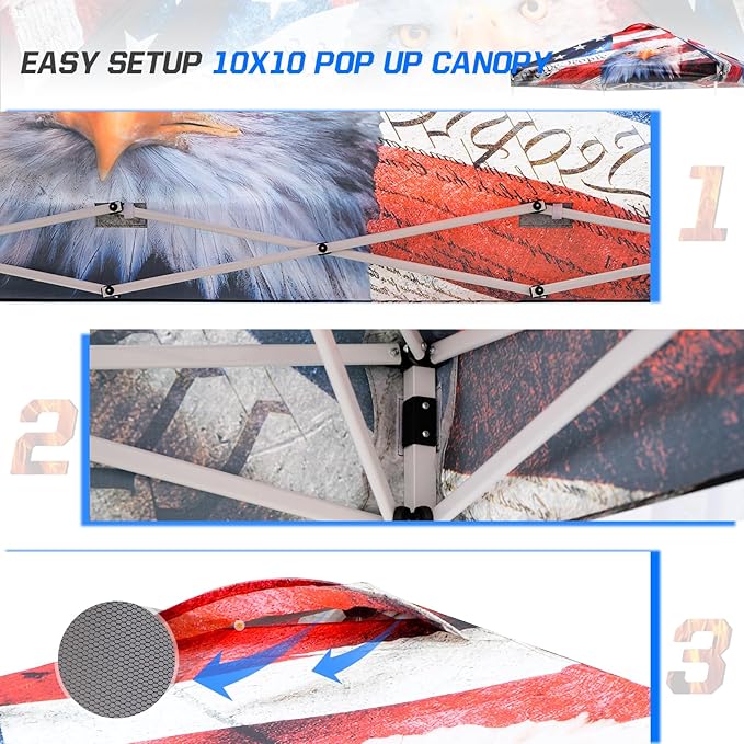 EAGLE PEAK Pop Up Canopy Tent with Wheeled Carry Bag 8 Stakes 4 Ropes 4 Weight Bags Easy Set Up Tent Canopy 10x10 ft 100sqft of Shade American Icon