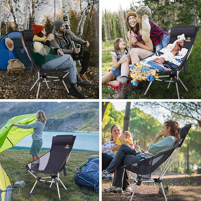 Nice C Ultralight High Back Folding Camping Chair Collapsible Backpacking Chair Compact &amp Heavy Duty Outdoor Travel Picnic Festival with 2 Side Pockets Pillow &ampCarry Bag (Set of 2 Black)
