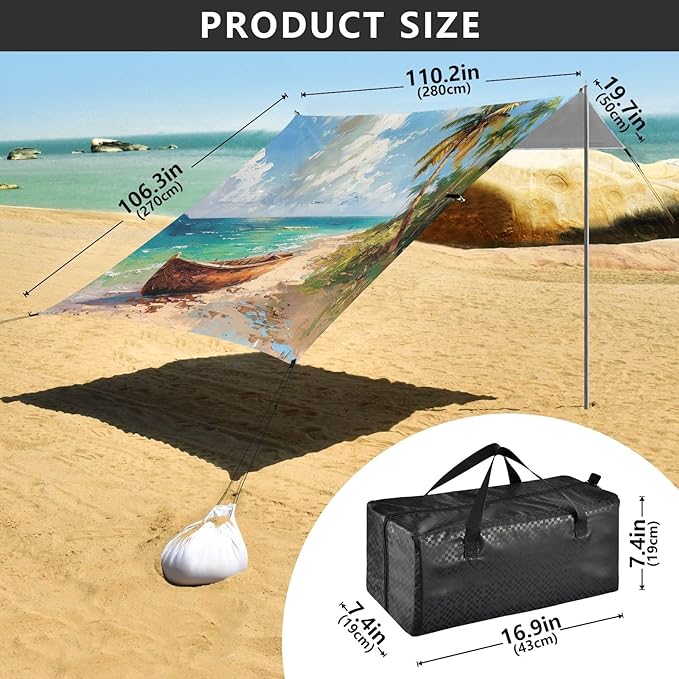 Boat on The Shore Beach Tent Sun Shelter 9.2' x 10.5' Beach Canopy with 4 Sandbags 4 Stability Poles Sand Shovels - Tent Canopy for Beach Camping Fishing Picnics