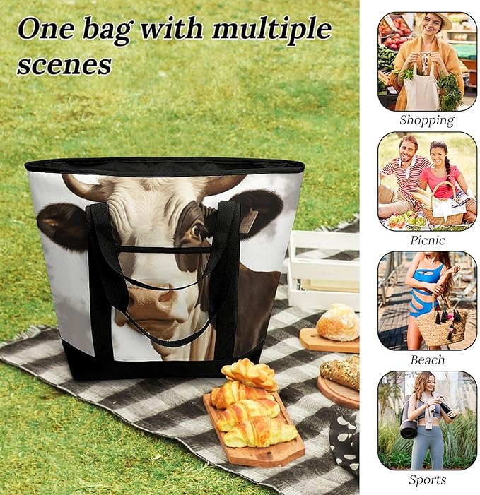 Insulated Shopping BagLarge Reusable Cooler Bags Farm Animal Cow Printed Foldable Shopping BagTravel Waterproof Shoulder Bag