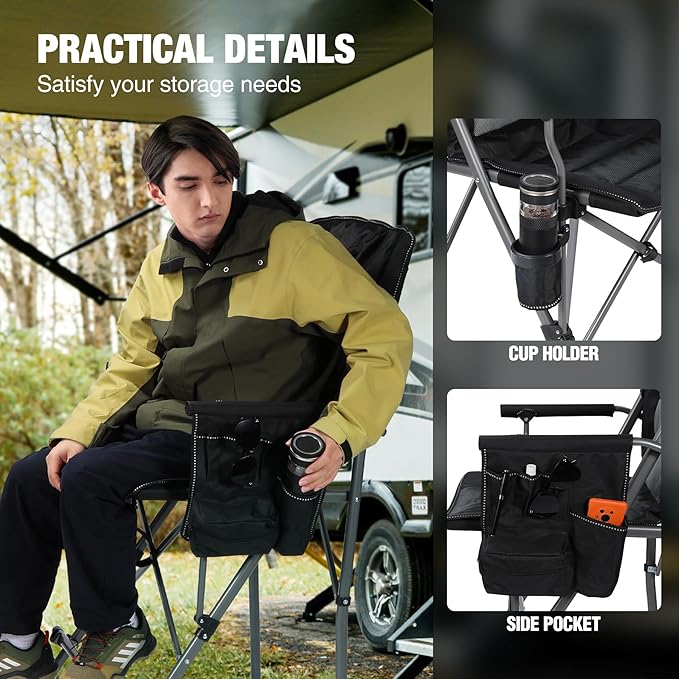 Extra Tall Folding Chairs for Adults 330lbs with Adjustable Backrest Portable Bar Height Foldable Director Chairs with Lumbar Support Comfortable with High Back and FootrestBlack2Pack