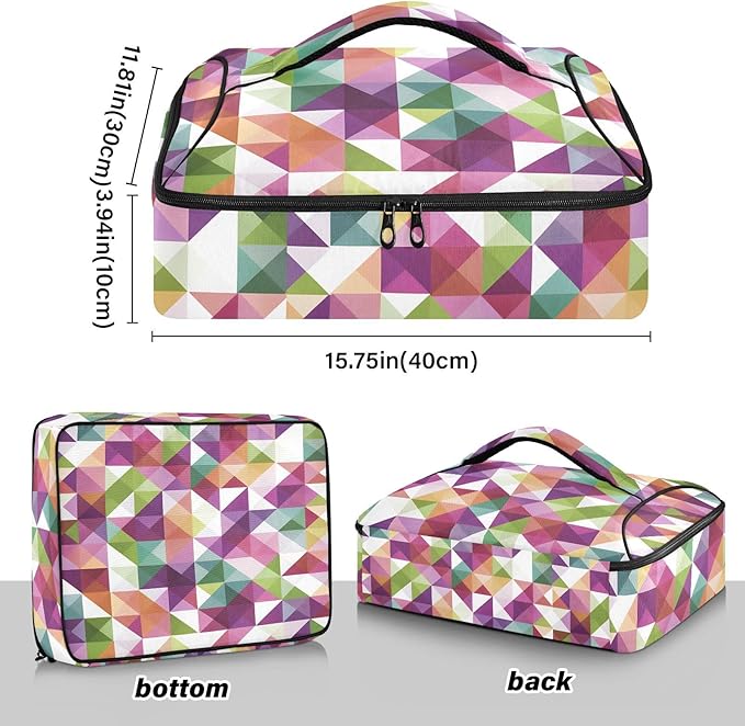 Casserole Carrier Pattern Colorful Triangles and Squares Insulated Casserole Carrier for Hot or Cold Food Thermal Lunch Tote for Parties Picnic Travel Carry Bag