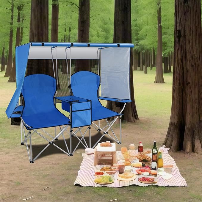 BDL Double Camping Chair with Canopy Two Person Folding Loveseat with Shade Heavy Duty Beach Chair with Cooler Bag Cup Holder for Outside Fishing Sports Beach-Sky Blue