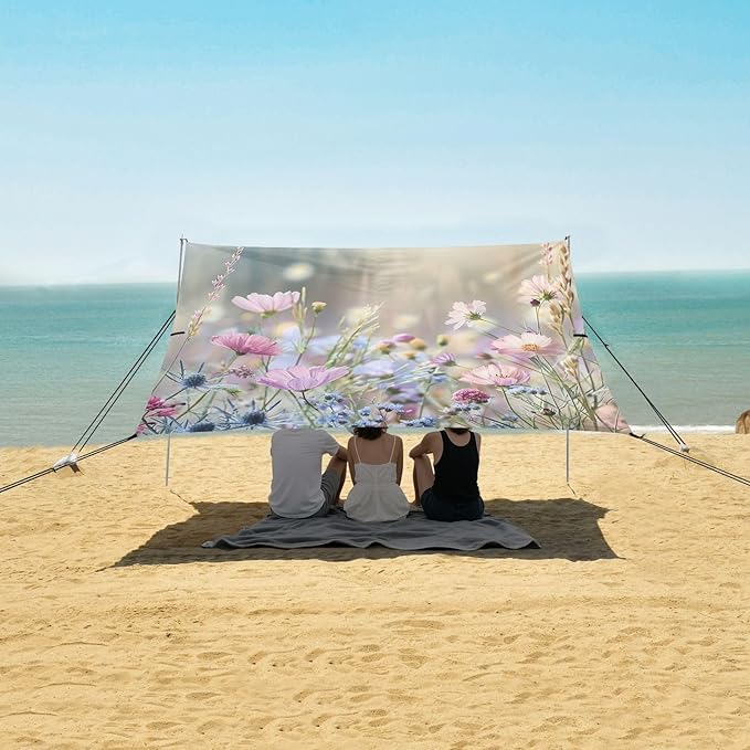 Pastel Color Wildflowers Beach Tent Sun Shelter 9.2' x 10.5' Beach Canopy with 4 Sandbags 4 Stability Poles Sand Shovels - Tent Canopy for Beach Camping Fishing Picnics