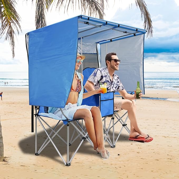 BESTHLS Double Camping Chair with Canopy Shade - Heavy Duty 600D Outdoor Loveseat for Adults 2-Person Beach Chair with Umbrella Folding Camp Loveseat for Fishing Sports Patio (Blue)