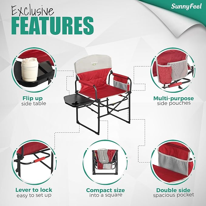 SUNNYFEEL Camping Directors Chair Heavy DutyOversized Portable Folding Chair with Side Table Pocket for Beach FishingTripPicnicLawnConcert Outdoor Foldable Camp Chairs