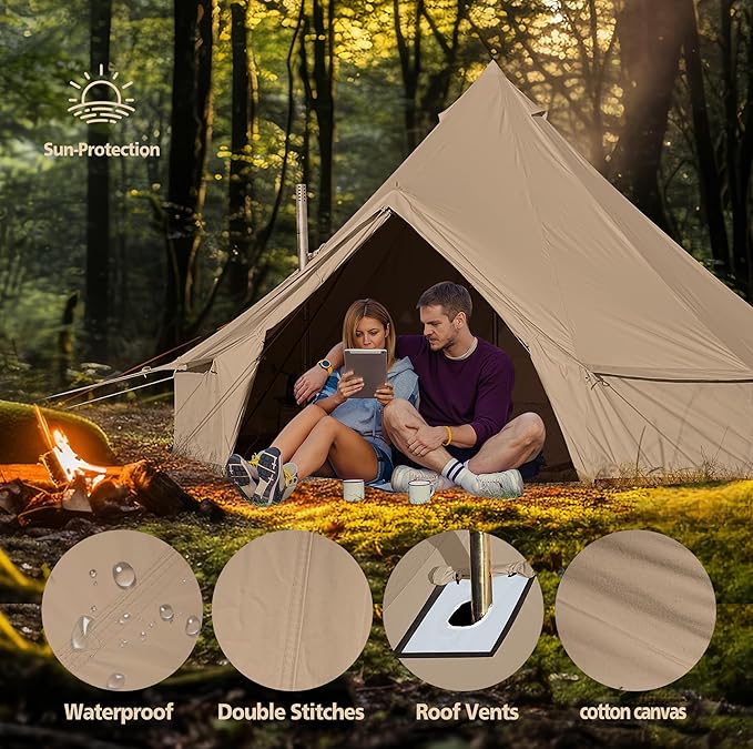 Cotton Canvas Bell Tent Waterproof Large Tents with Sturdy Center &amp Door Pole and Space for 4/6/8 Person All 4 Season Camping Yurt Tent
