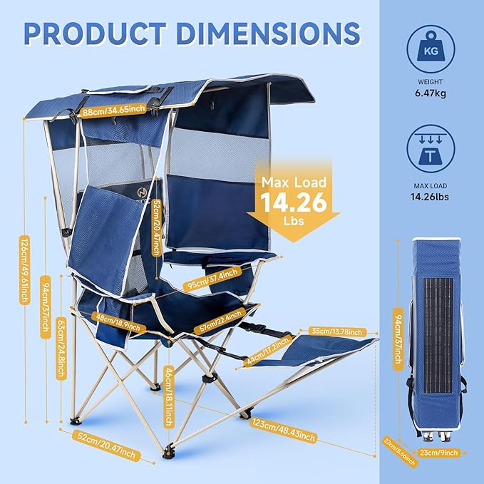 CDEN Canopy Chair Camping Chair with Canopy Chair with Shade Beach Chair USB Type-C DC outlets for Phone provided 30W Output with Solar Panel footrest (1 Pack)