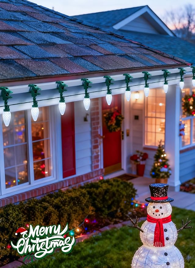 Brightown C9 LED Christmas Lights Outdoor 99 Feet 150 LED C9 String Light with 150 Spring Clips Waterproof Connectable Christmas Tree Lights for Outside Roofline Patio Home Xmas Decor Pure White