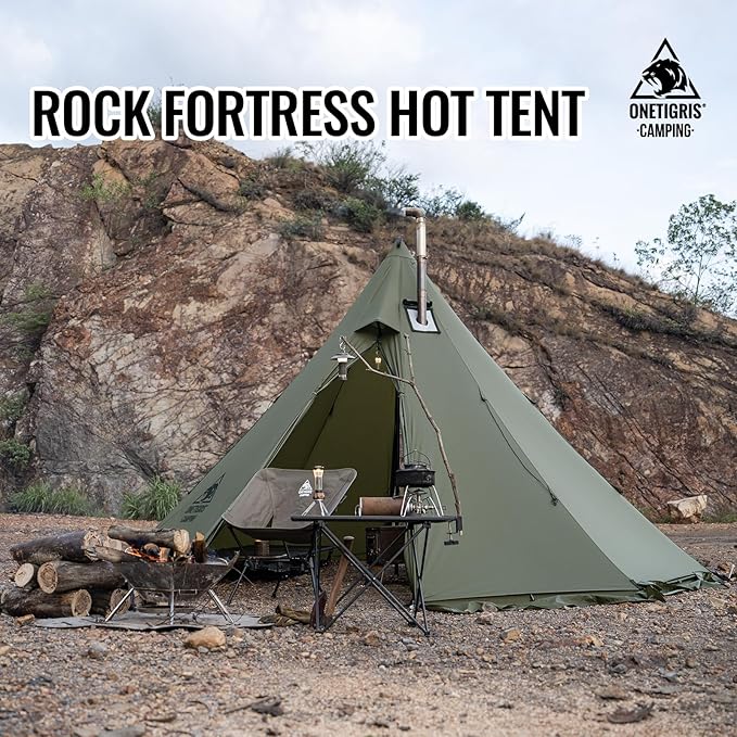 OneTigris Rock Fortress Hot Tent with Stove Jack 4 Season 4-6 Person Tipi for Camping Backpacking Hunting Fishing - Waterproof Wind-Proof