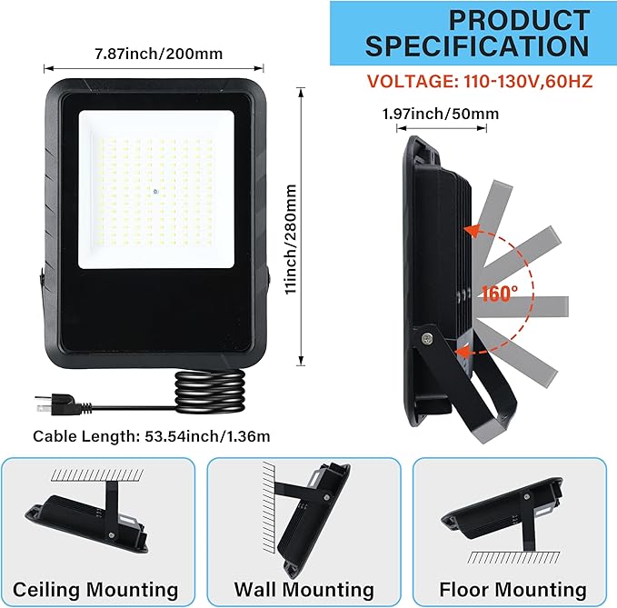Simple Deluxe 2 Pack 100W Flood Lights Outdoor 10000LM Daylight White LED Work Light with Plug IP65 Waterproof 6500K Floodlight for Garage Yard Lawn