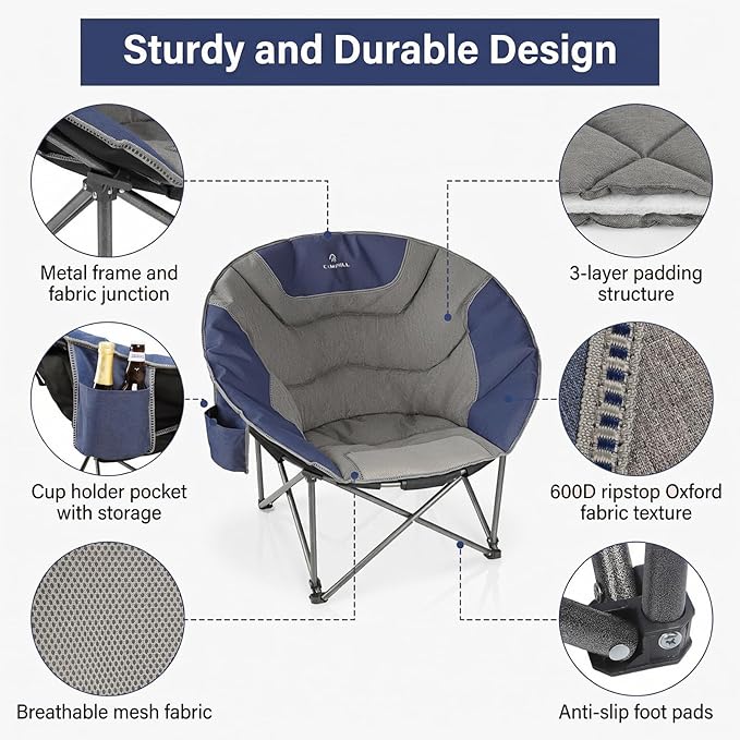 Oversized Camping Moon ChairsFolding Round Padded Sofa Chair for AdultsOutdoor Lawn Chairs w/Side PocketPerfect for IndoorFamily CampingPicnics and GardenBlue&ampGrey