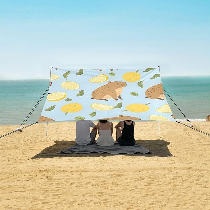 Cute Capybara Lemon Camping Sun Shelter Beach Tent Portable Beach Sun Shade Outdoor Canopy for Camping Trips Fishing Picnic
