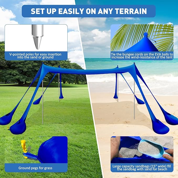 Beach Tent Sun Shelter 10x10ft Beach Canopy Easy Pop Up Sun Shade Portable UPF50+ with 8 Sandbags-2 Sand Shovel-4 Aluminum Poles-Ground Pegs for Outdoor Family Camping Fishing Backyard Picnic
