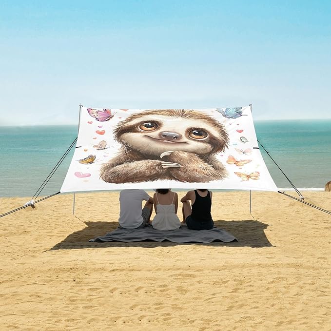 Bolaz Beach Canopy Tent Sun Shade9'×10.5' Large Family Beach Shade UPF50+- Outdoor Shade for Camping Trips FishingSloth Butterflies