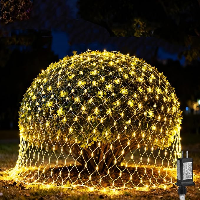 (Upgraded) Outdoor Christmas Lights 360 LED Sturdy Net Lights 12x5Ft Outdoor String Lights [8 Modes &amp Waterproof] Christmas Decoration for New Year Bushes Gardens Lawns Patio Decor - Warmwhi