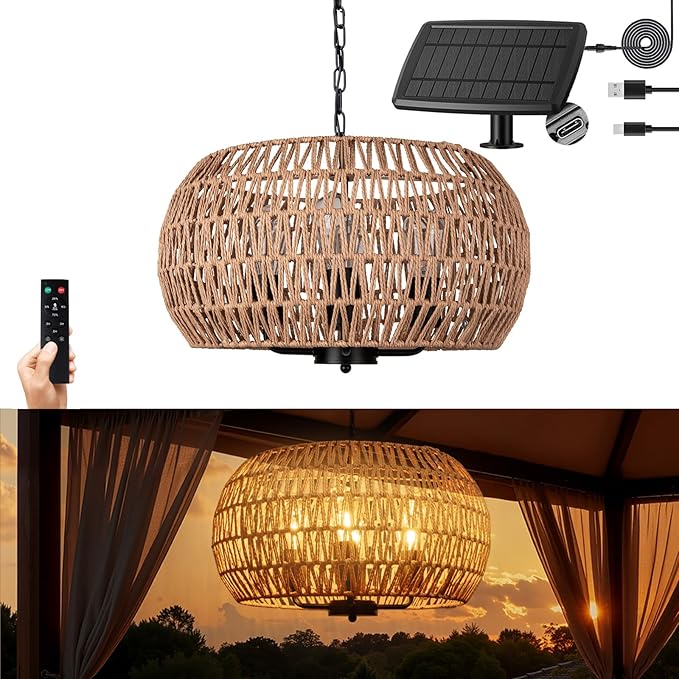 Outdoor Solar Chandelier 4-Light 19 Rattan Outdoor Chandelier Hanging Pendant Lights Waterproof for Gazebo Pergola Porch Patio