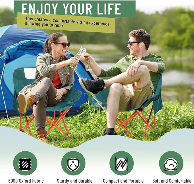 2 Pack Compact Camping Chairs Portable Folding for Outside with Carry Bag Lightweight Moon Chairs for Travel Picnic Hiking Beach Fishing 600D Oxford Supports 330lbs(Green)