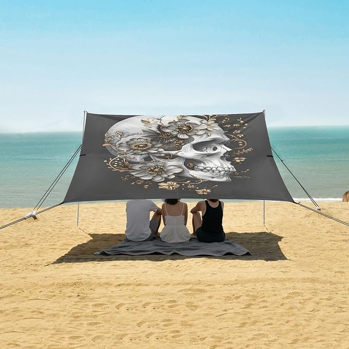 ALAZA Golden Flowers Skull Beach Tent Sun Shelter UPF50+ Protection Beach Shade Canopy w/ 4 Sandbags for Outdoor Camping Fishing Backyard Fun Picnic 10x9 ft